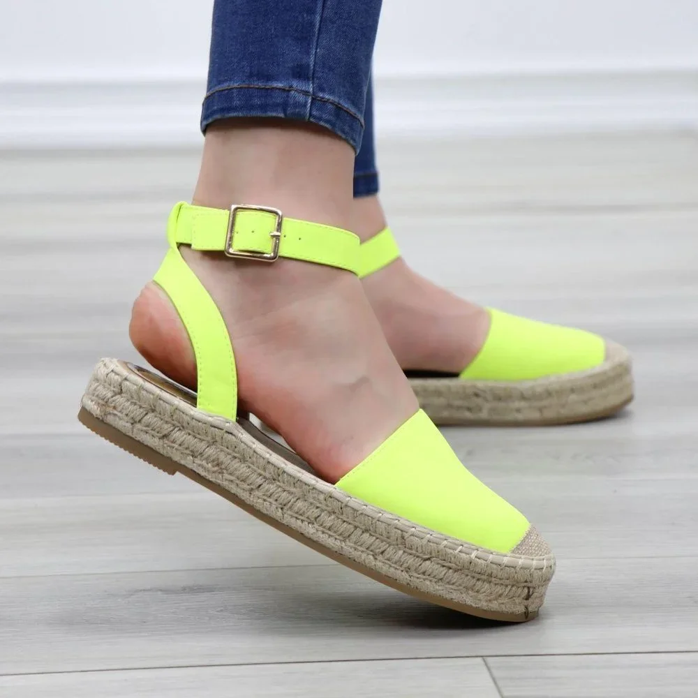 Neon Yellow Espadrille Ankle-Strap Sandals